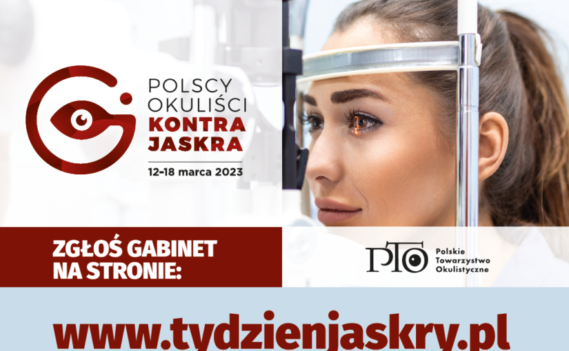 Zdjęcie ilustracyjne jest w kolorach bieli, czerwieni oraz błekitu. W prawym górnym rogu, na białym tle widnieje czerwono czarny napis „Polscy Okuliści kontra jaskra 12-18 marca 2023”. W lewym górnym rogu natomiast, przedstawione jest zdjęcie młodej kobiety, o blond włosach, spiętych w kucyk (tzw. Koński ogon), która jest w  trakcie badania aparatem do angiografii fluoresceinowej i badania dna oka. Opiera ona czoło o metalowy, podłużny, górny element aparatu, natomiast brodę o dolny element aparatu. Jej oczy są prześwietlane laserem o pomarańczowej barwie. Pod spodem, po lewej stronie ilustracji, na czerwonym, prostokątnym pasku tła znajduje się komunikat "Zgłoś gabinet na stronie", a tuż pod nim, na błękitnym prostokątnym pasku tła, znajduje się adres strony internetowej "www.tydzienjaskry.pl", napisany czerwoną czcionką. . Tuż obok, z prawej strony ilustracji, na białym, prostokątnym pasku tła znajduje się czarny napis "PTO Polskie Towarzystwo Okulistyczne". 