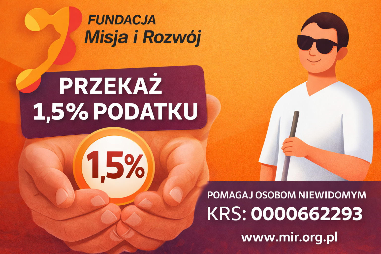 Grafika promująca przekazanie 1,5% podatku na rzecz Fundacji Misja i Rozwój. Na pomarańczowym tle widoczne jest logo fundacji, duży napis „Przekaż 1,5% podatku”, dłonie trzymające symboliczne 1,5% oraz ilustracja mężczyzny z białą laską. Na dole podany jest numer KRS 0000662293 oraz adres strony www.mir.org.pl.