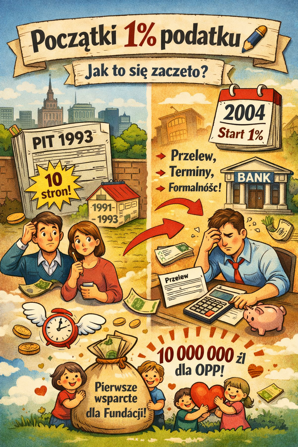 Infografika w stylu komiksowym zatytułowana „Początki 1% podatku. Jak to się zaczęło?”. Lewa część przedstawia rok 1993. Widoczny jest duży formularz „PIT 1993” z informacją „10 stron!”. Obok para osób siedzi przy dokumentach i pieniądzach, wygląda na zaniepokojoną. W tle domek z datami 1991–1993 oraz elementy symbolizujące upływ czasu i finanse. Prawa część pokazuje rok 2004 i start 1% podatku. Widać kalendarz z napisem „2004 Start 1%”, budynek banku oraz listę: „Przelew, Terminy, Formalność!”. Przy biurku siedzi zestresowany mężczyzna wypełniający dokument przelewu, obok leży kalkulator i skarbonka. Dolna część ilustracji ma pozytywny charakter. W centrum znajduje się worek z pieniędzmi z napisem „Pierwsze wsparcie dla Fundacji!” oraz informacja „10 000 000 zł dla OPP!”. Obok stoją uśmiechnięte dzieci, jedno trzyma czerwone serce. Grafika pokazuje drogę od skomplikowanych początków systemu podatkowego do pierwszych środków przekazanych organizacjom pożytku publicznego.