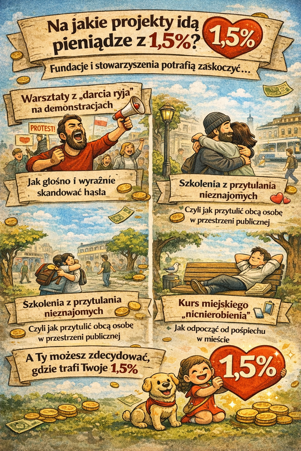 Infografika o wykorzystaniu 1,5% podatku. Ilustracje pokazują przykłady nietypowych projektów finansowanych przez organizacje społeczne, m.in. warsztaty skandowania haseł na demonstracjach, szkolenia z przytulania nieznajomych oraz kurs miejskiego odpoczynku i „nicnierobienia”. Na dole hasło zachęcające, by samodzielnie zdecydować, gdzie trafi 1,5% podatku, oraz informacja o Fundacji Misja i Rozwój.