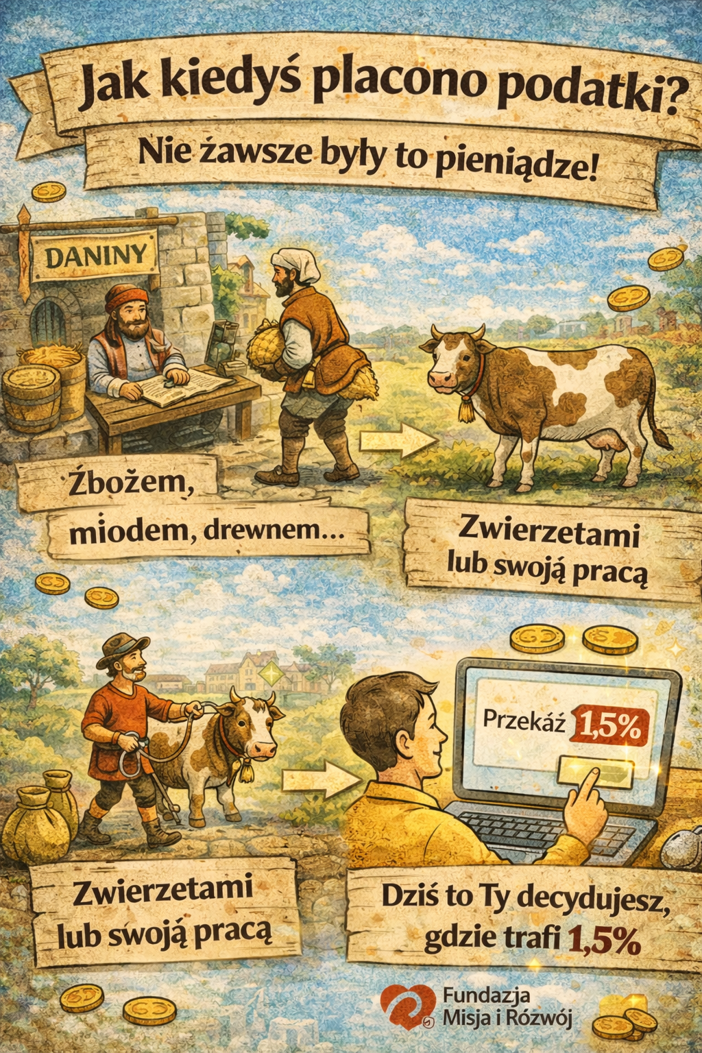 Infografika pokazuje, jak w przeszłości płacono podatki. Ilustracje przedstawiają oddawanie zboża i innych produktów, przekazywanie zwierząt lub pracy jako formy daniny oraz współczesną scenę, w której podatnik na komputerze przekazuje 1,5% podatku wybranej organizacji. Na dole widoczne jest logo Fundacji Misja i Rozwój.