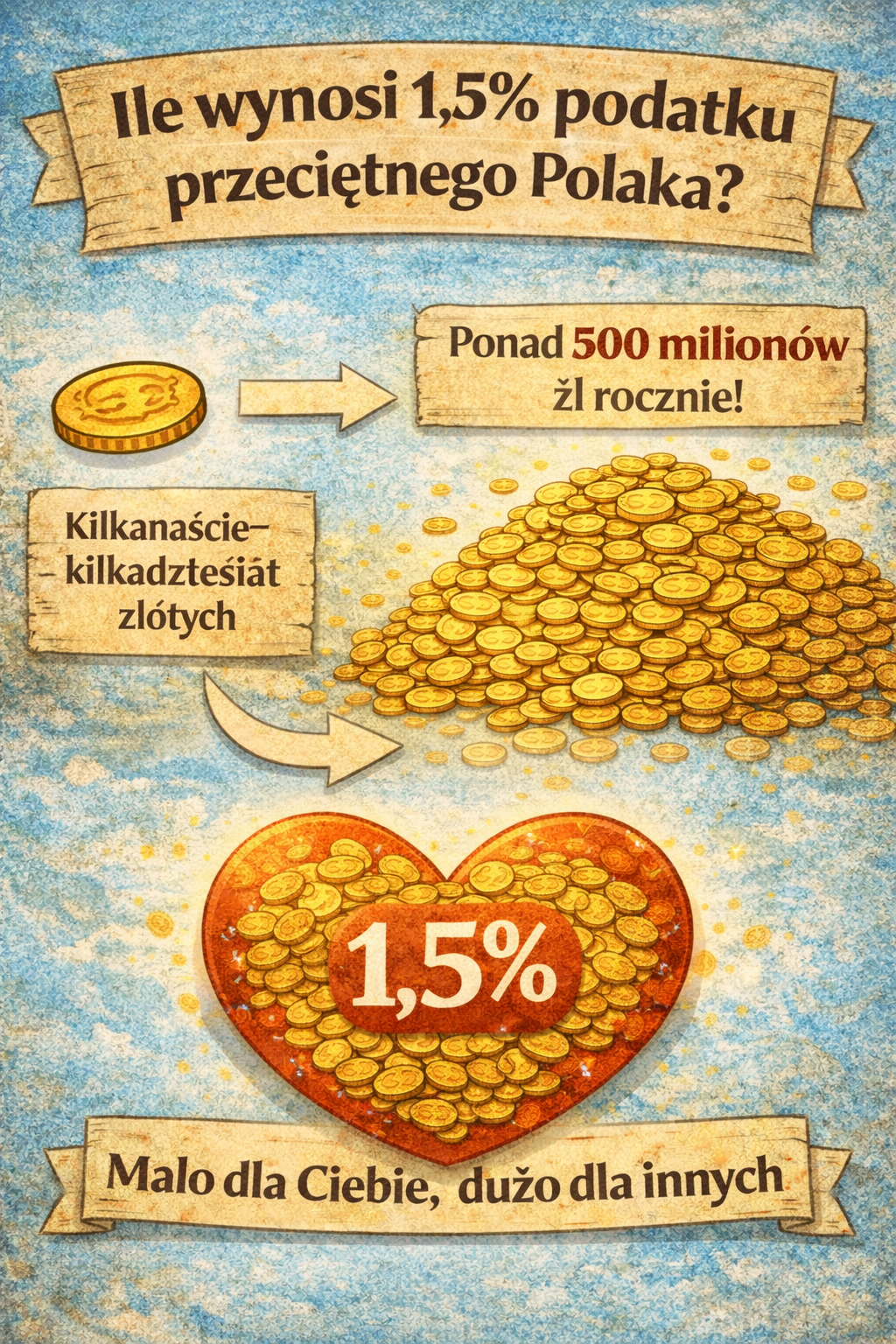 Infografika pokazująca, ile wynosi 1,5% podatku przeciętnego Polaka. Na górze widnieje tytuł z tym pytaniem. Obok pojedynczej monety znajduje się informacja „kilkanaście–kilkadziesiąt złotych”, a strzałka prowadzi do dużej sterty monet z podpisem „ponad 500 milionów zł rocznie”. Na dole widoczne jest serce wypełnione monetami z napisem „1,5%” oraz hasło „Mało dla Ciebie, dużo dla innych”.