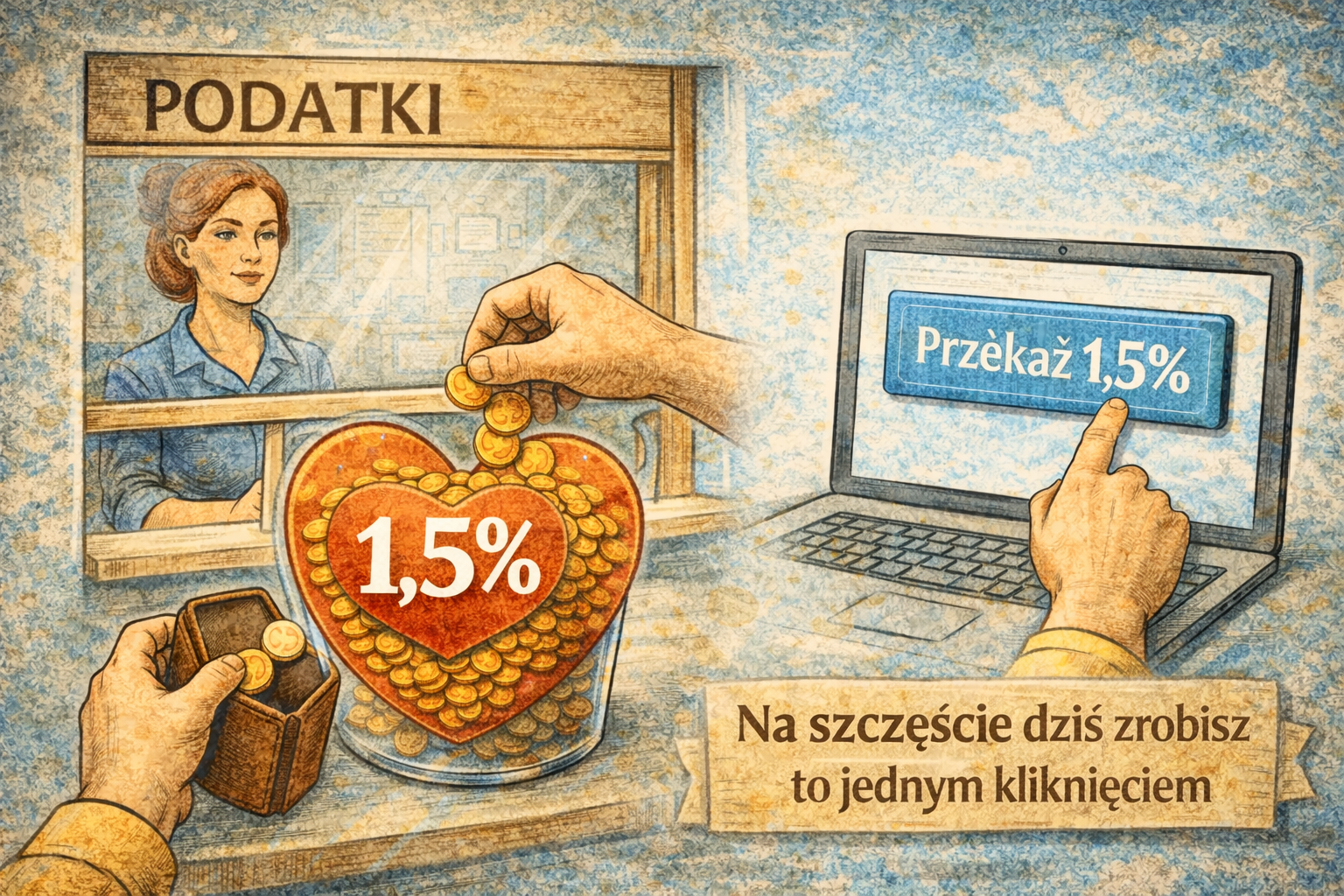 Infografika porównująca dawny i współczesny sposób przekazywania 1,5% podatku. Po lewej stronie widać okienko urzędowe z napisem „Podatki”, gdzie osoba wrzuca monety do pojemnika w kształcie serca z napisem „1,5%”. Po prawej stronie pokazano laptop, na którym użytkownik klika przycisk „Przekaż 1,5%”. Na dole znajduje się hasło: „Na szczęście dziś zrobisz to jednym kliknięciem”.