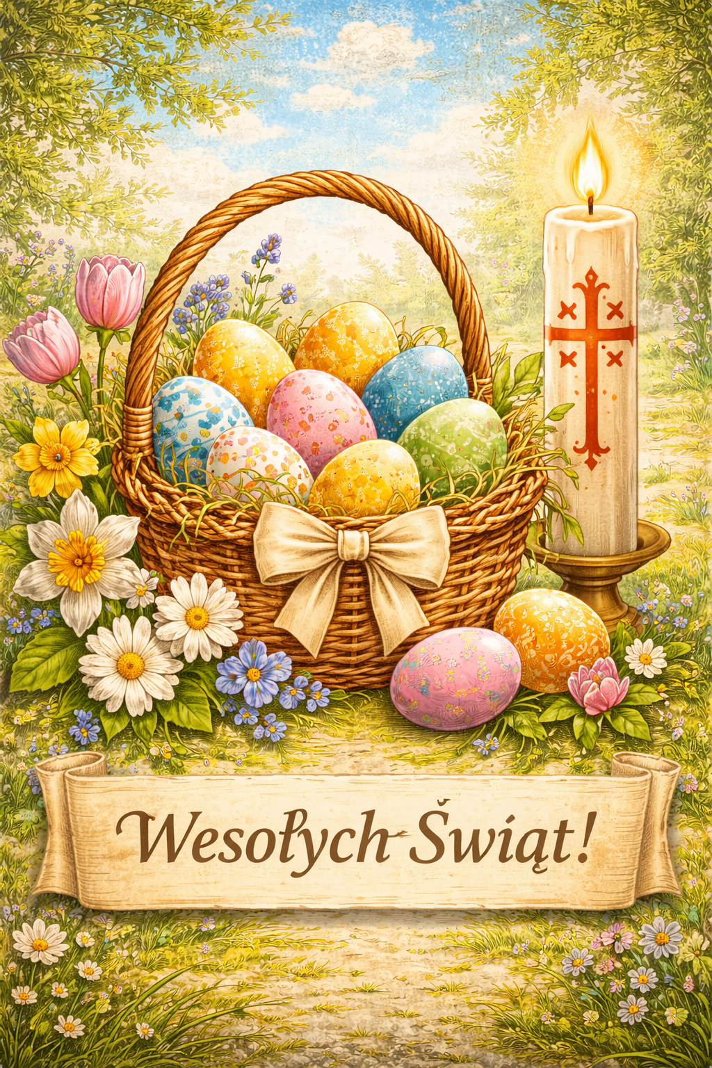 Pionowa ilustracja wielkanocna w ciepłych kolorach. Na środku stoi wiklinowy koszyk z kremową kokardą, wypełniony kolorowymi pisankami. Po prawej stronie pali się wysoka świeca z czerwonym krzyżem. Całość otoczona jest bogactwem wiosennych kwiatów: narcyzów, tulipanów i stokrotek, na tle słonecznego ogrodu. Na dole, na ozdobnym zwoju papieru, widnieje napis: „Wesołych Świąt!”.